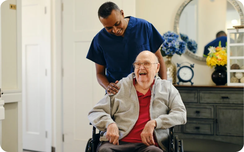 Compassionate healthcare worker assisting elderly patient.