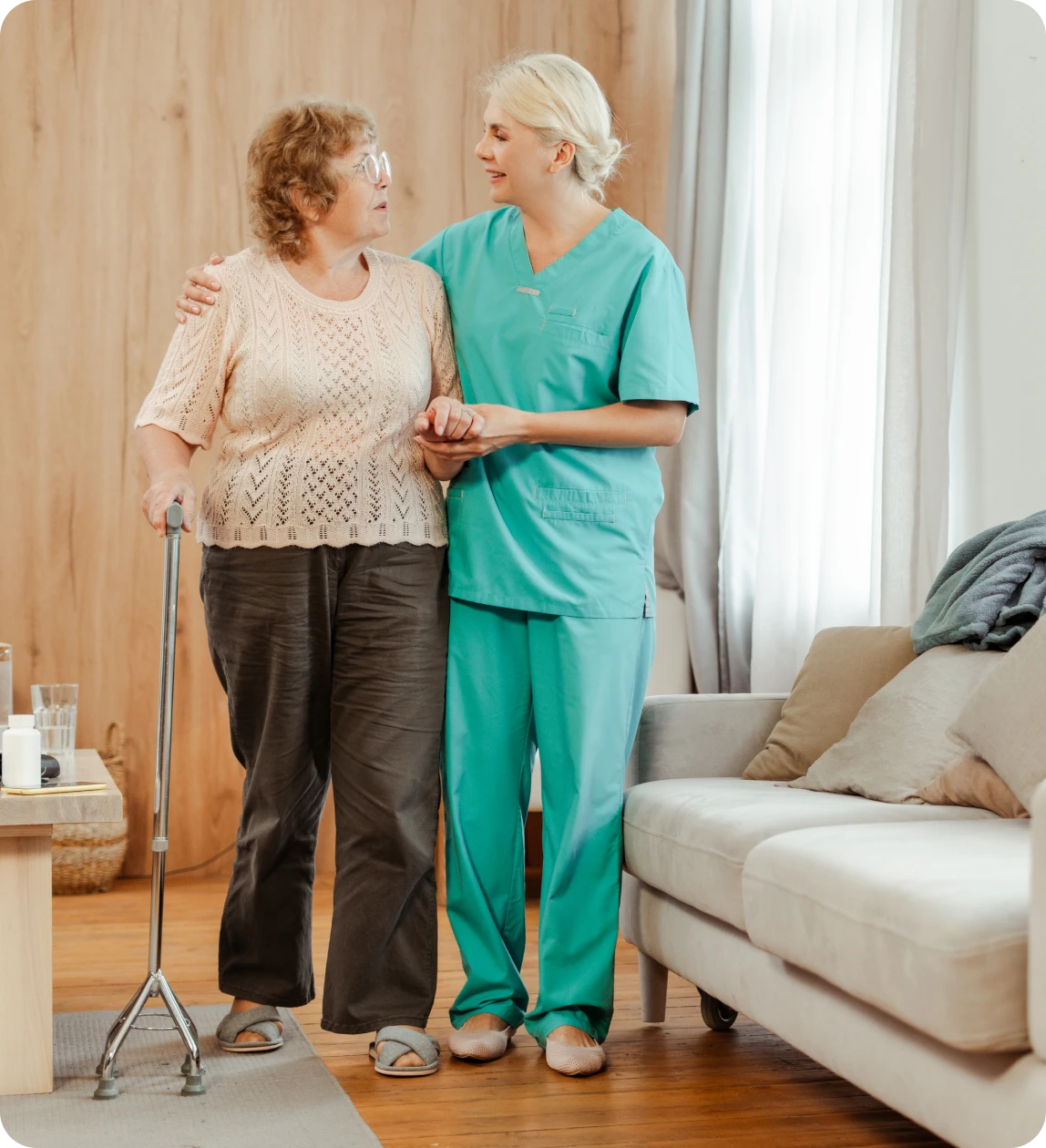 Elderly woman with caregiver support