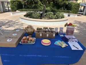 Outdoor fundraising table with snacks, plates, and brochures in front of a circular planted planter in a sunny courtyard.