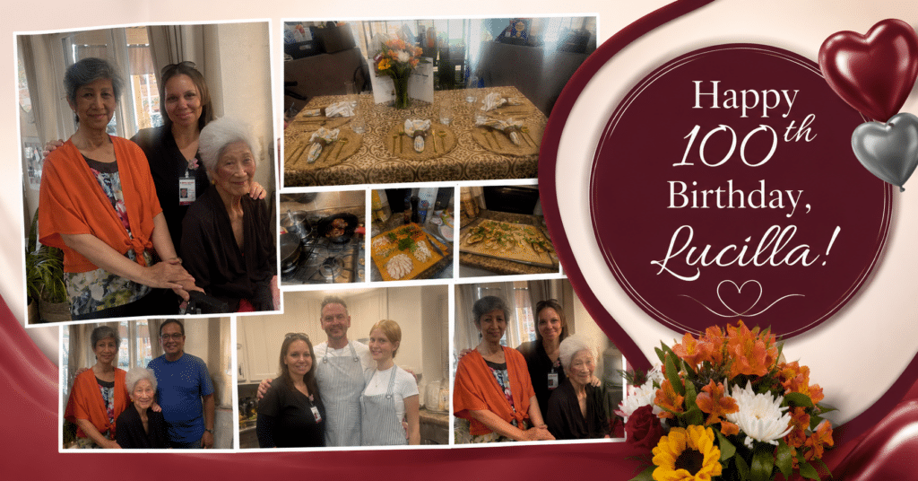 Collage from Lucilla's 100th birthday celebration with flowers, decor, and staff posing with her.
