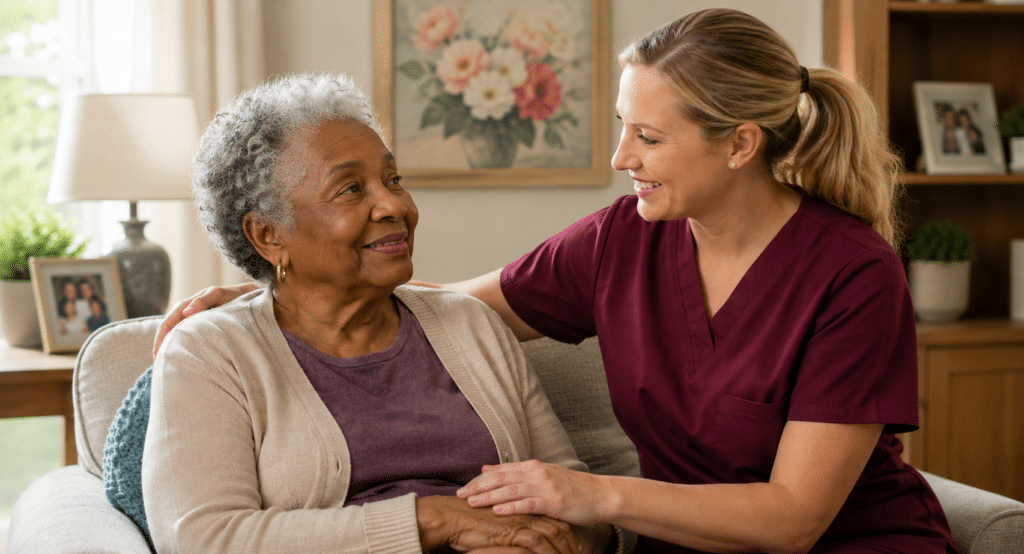 Caregiver in burgundy scrubs sitting beside a smiling older woman on a sofa at home, holding her hand